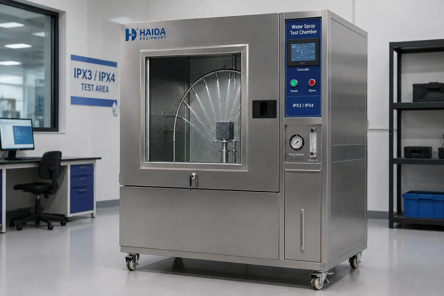 Water Spray Test Chamber Haida Equipment untuk uji IPX3 dan IPX4 di laboratorium manufaktur.