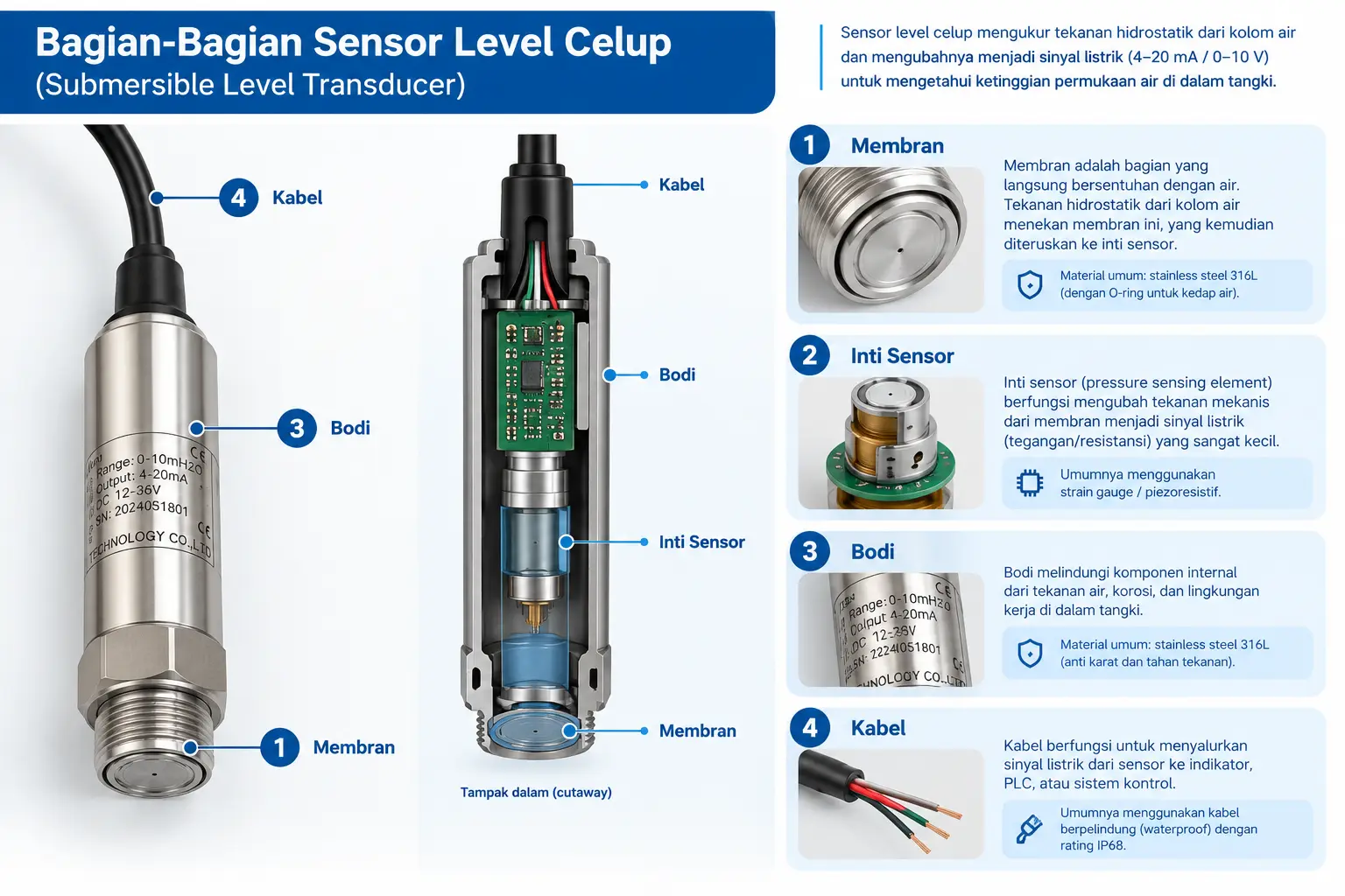 Diagram bagian-bagian sensor level celup: membran, inti sensor, bodi, dan kabel