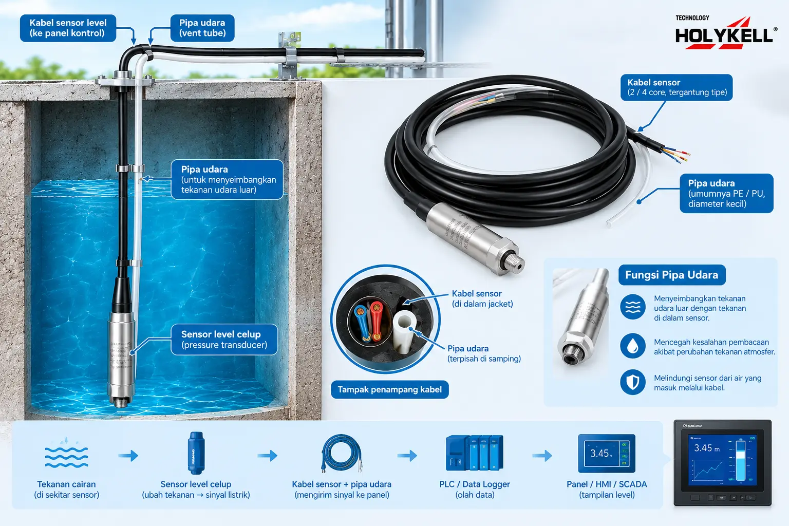 Kabel sensor level celup dengan pipa udara untuk menyeimbangkan tekanan udara luar