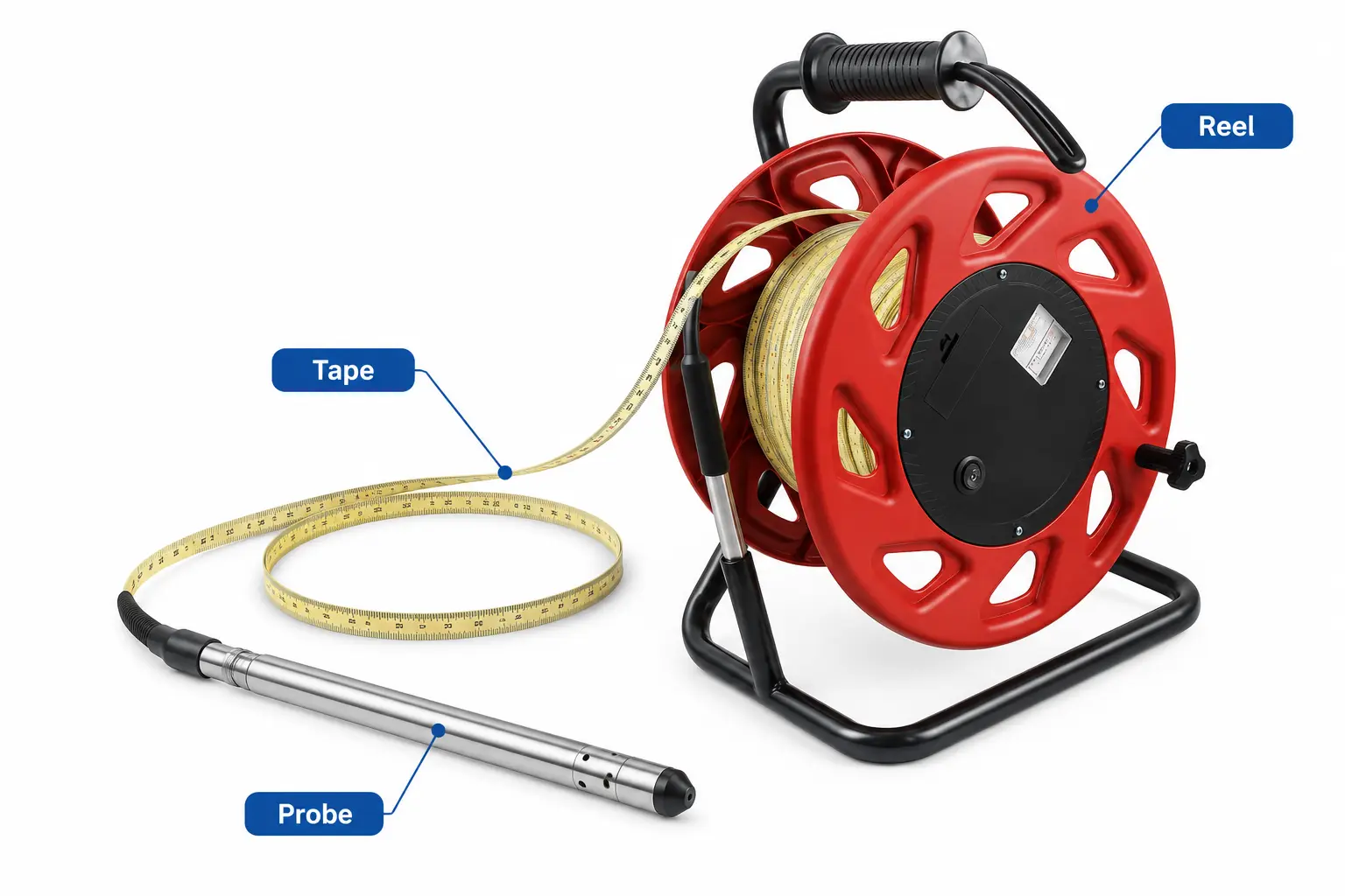 Komponen water level meter: probe, tape, dan reel