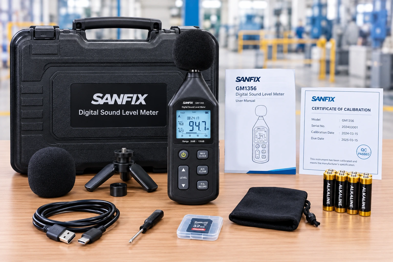Paket lengkap alat pengukur suara SANFIX digital dengan aksesoris pendukung