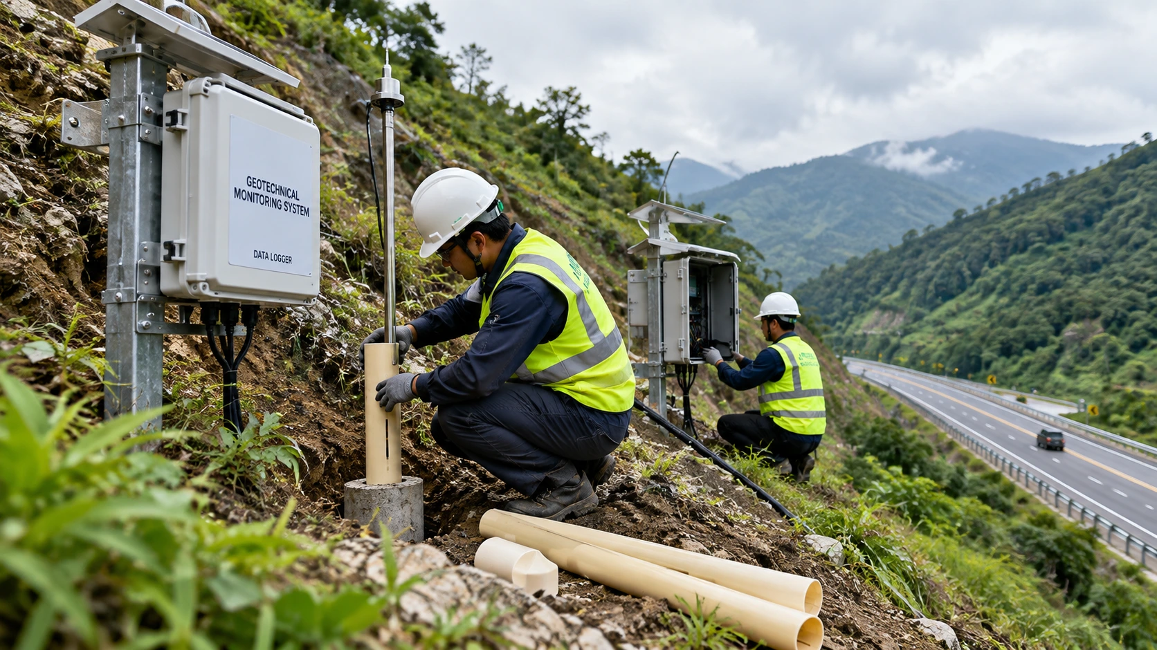 Pemasangan Sensor Sistem Pemantauan Geoteknik di Lereng Kritis