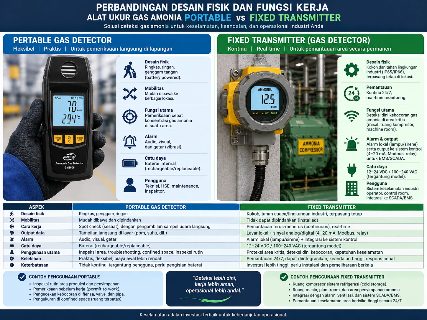 Perbandingan desain fisik dan fungsi kerja antara alat ukur gas amonia portable dengan unit fixed transmitter.