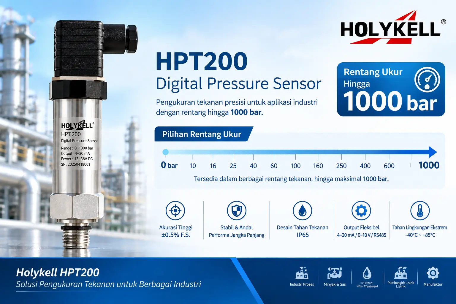 Rentang ukur tekanan HPT200 Holykell hingga 1000 bar