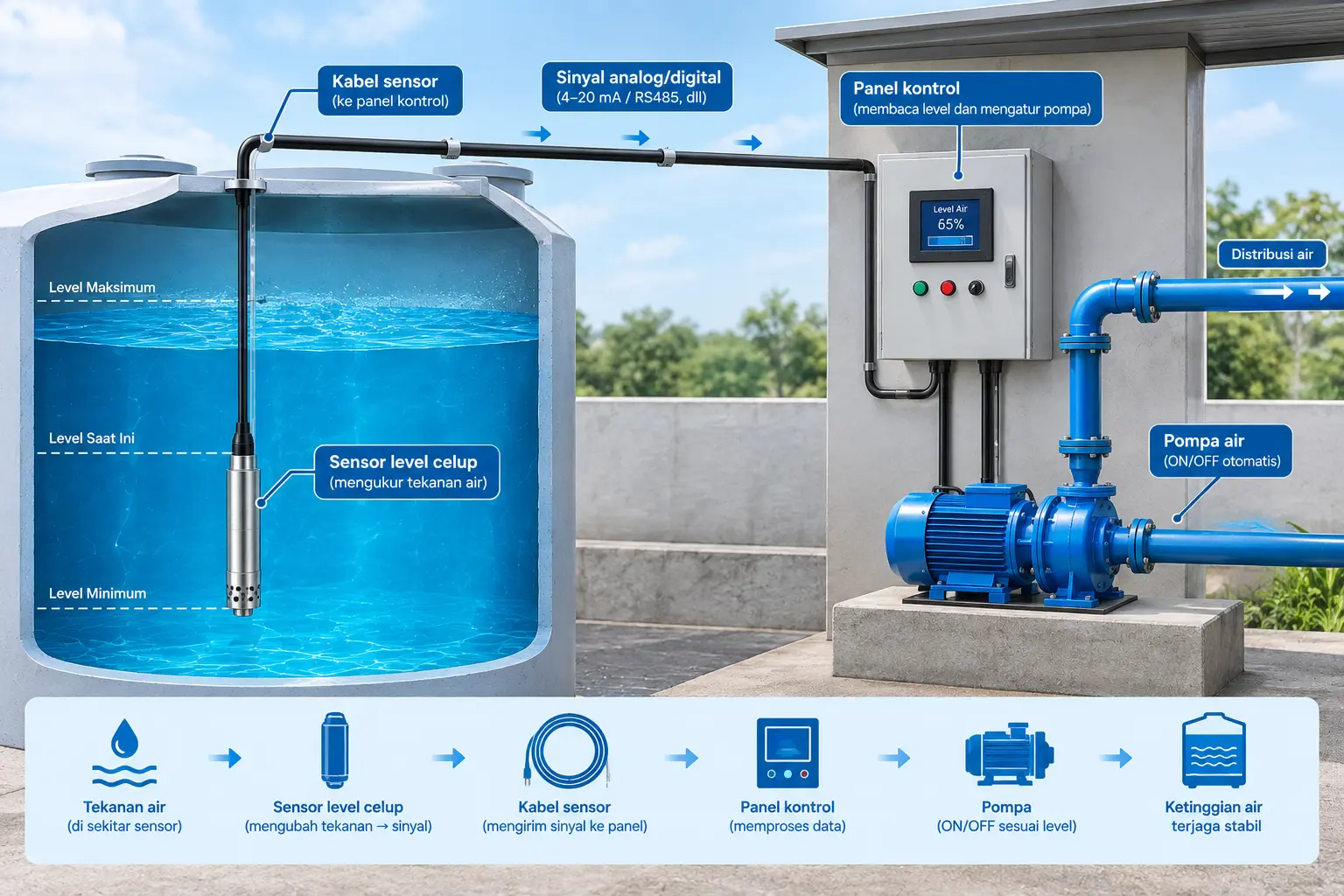 Sensor level celup yang mengirim sinyal ke panel untuk mengatur pompa di tangki air