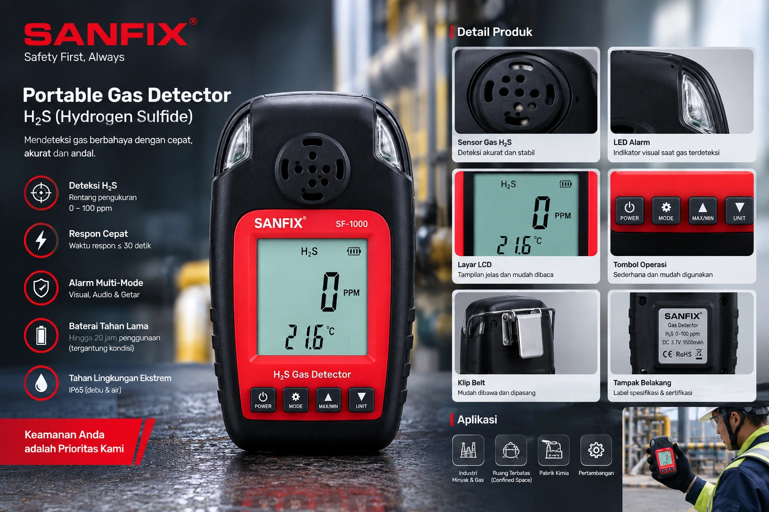 Tampilan detail produk SANFIX Gas Detector portable untuk mendeteksi gas H2S