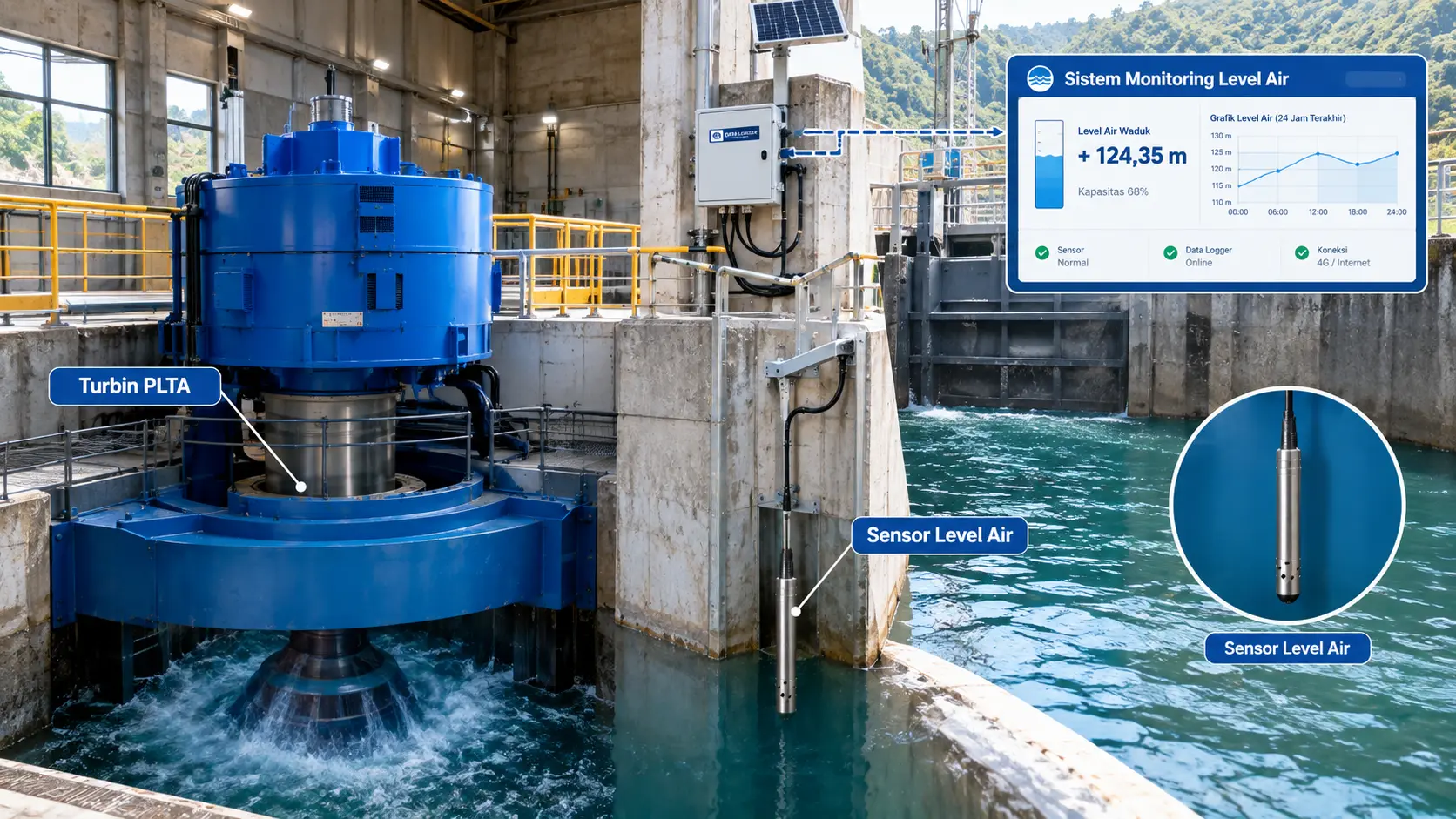 Turbin PLTA dan sistem monitoring level air