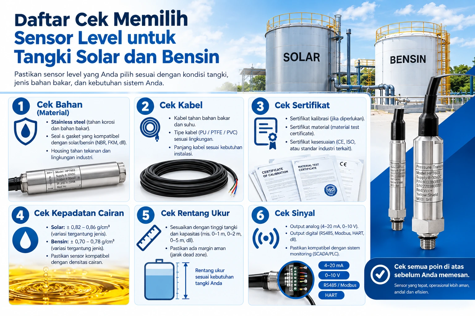 Daftar cek memilih sensor level untuk tangki solar dan bensin