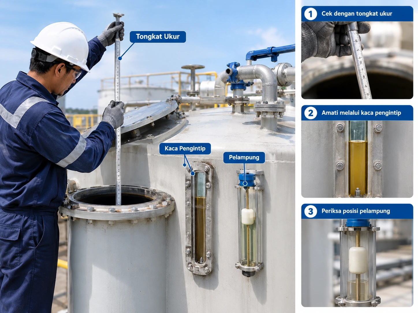 Cara manual mengecek isi tangki dengan tongkat ukur, kaca pengintip, dan pelampung