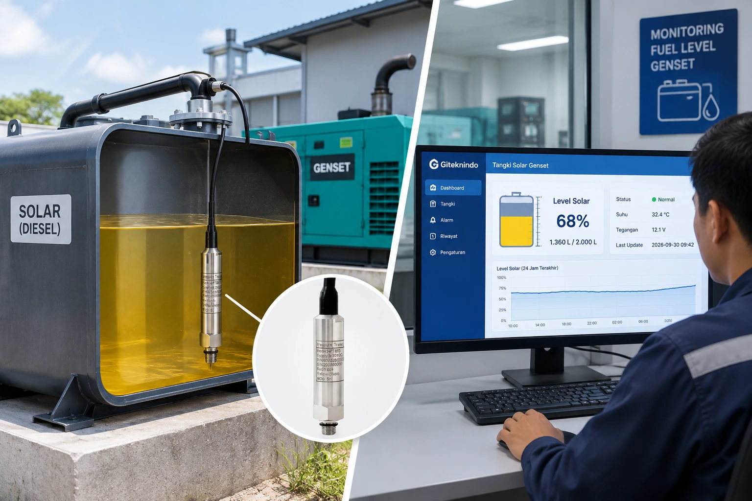 Sensor level celup memantau isi tangki solar genset dengan layar di ruang kontrol