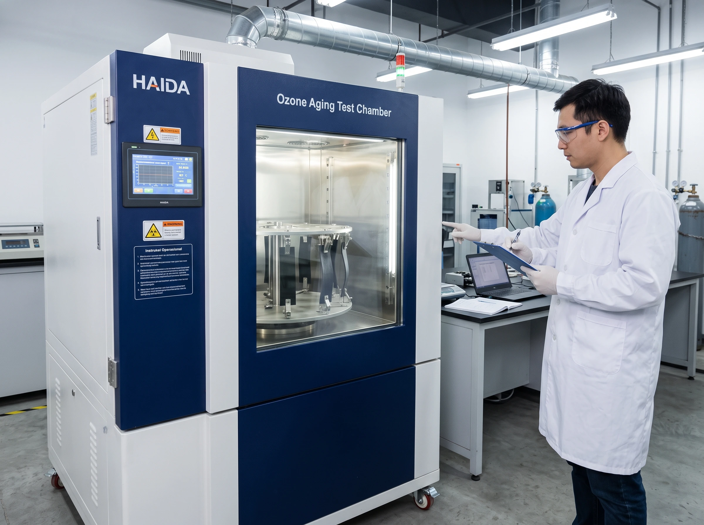 Pengujian ketahanan karet terhadap ozon dengan ozone aging test chamber Haida