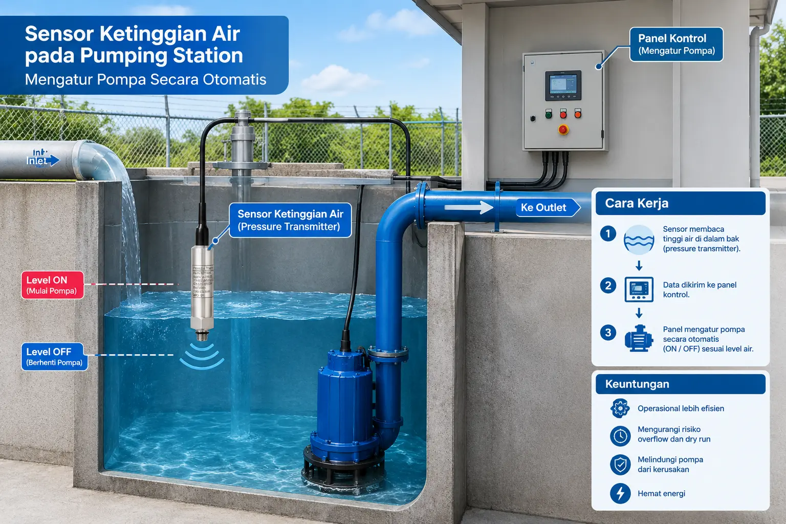 Sensor ketinggian air di pumping station yang mengatur pompa secara otomatis